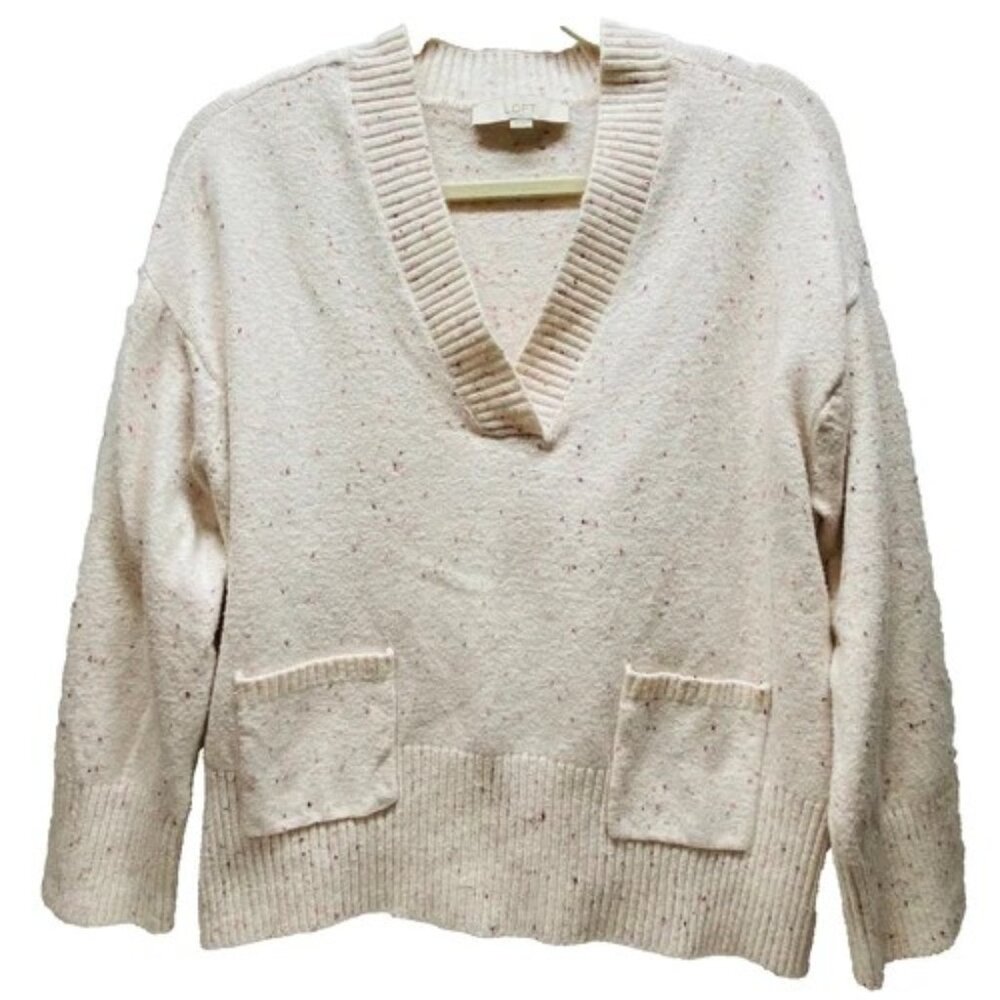 Loft V-Neck Sweater Women’s XS Light Pink Confetti Pocket Side Slit Pullover EUC